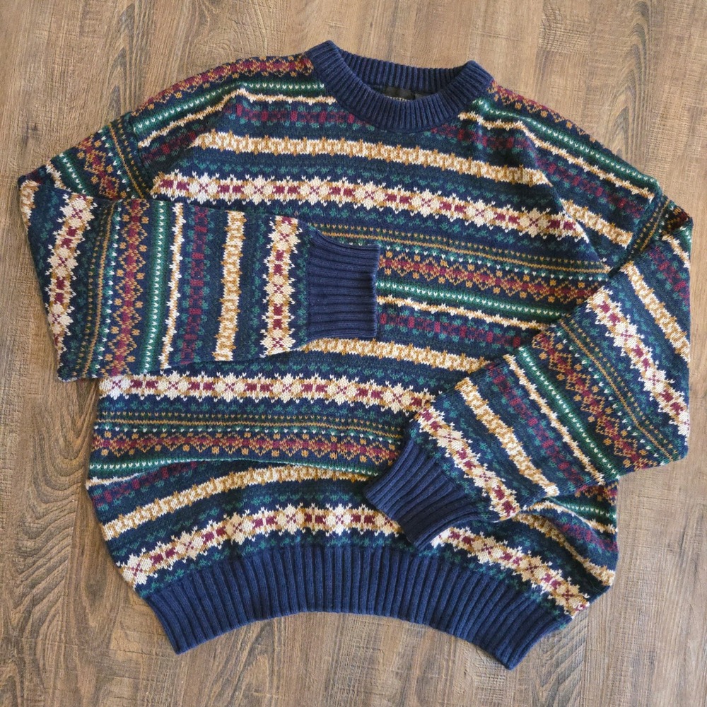 VTG STRUCTURE Crewneck Sweater Fair Isle Mens XL COOGI STYLE Knit Y2K Cotton USA